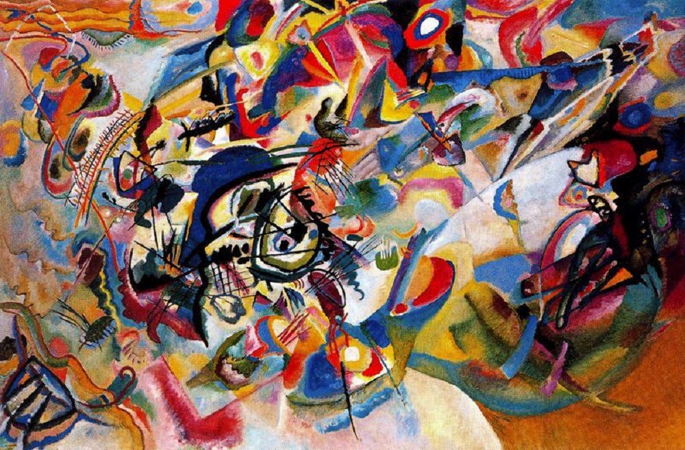 Vasilij Kandinskij, Composizione VII, 1913. In quest’opera, Kandinskij dichiara formalmente guerra alla figurativa naturalistica. 