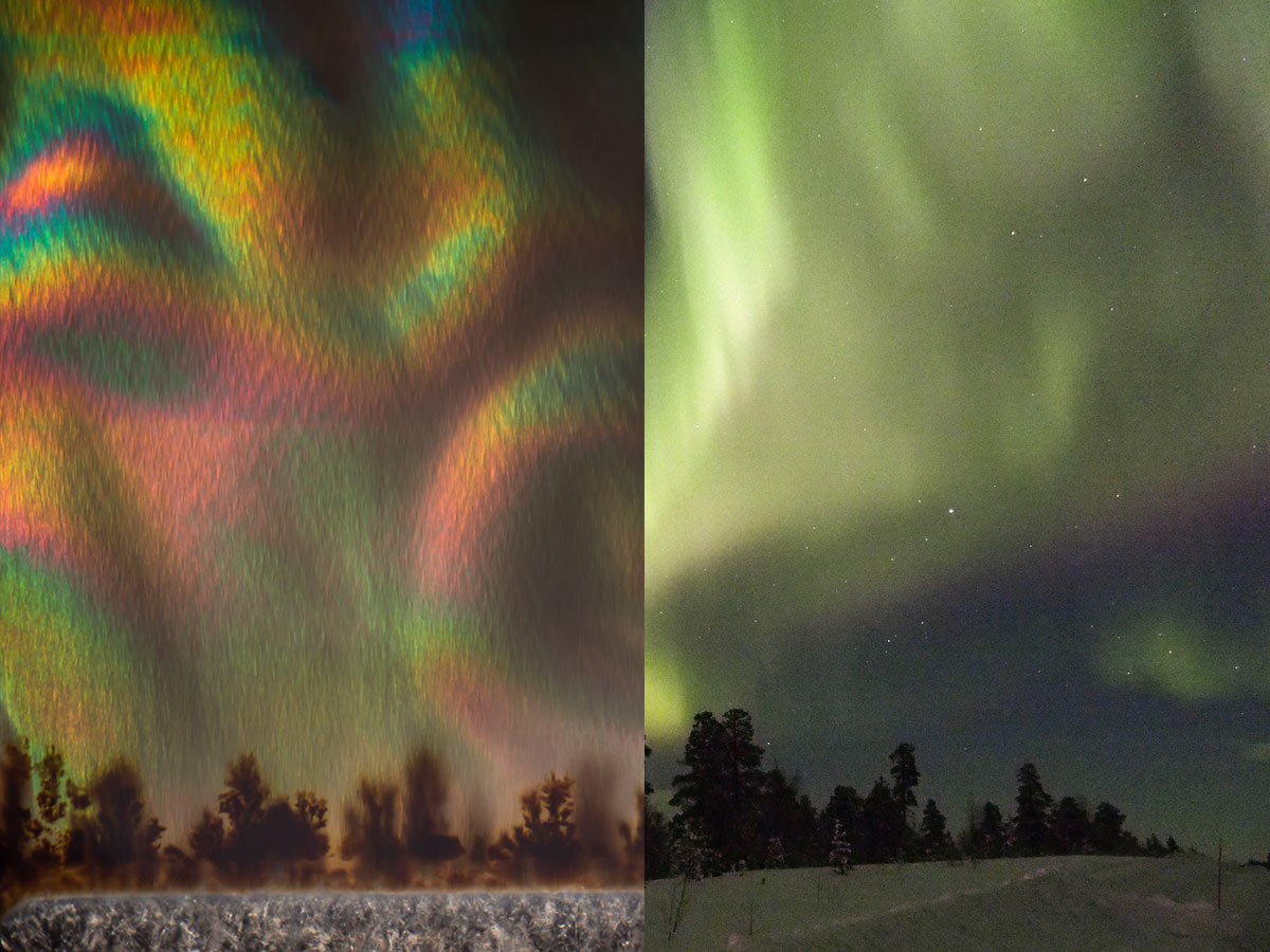 Nathan Renfro.Un’aurora boreale su un lago? L’effetto di sinistra è una fotomicrografia di Nathan Renfro e quelli che sembrano alberi sono ossidi di manganese all’interno di un’agata. Nella parte destra è riprodotto fotograficamente l’autentico fenomeno naturale